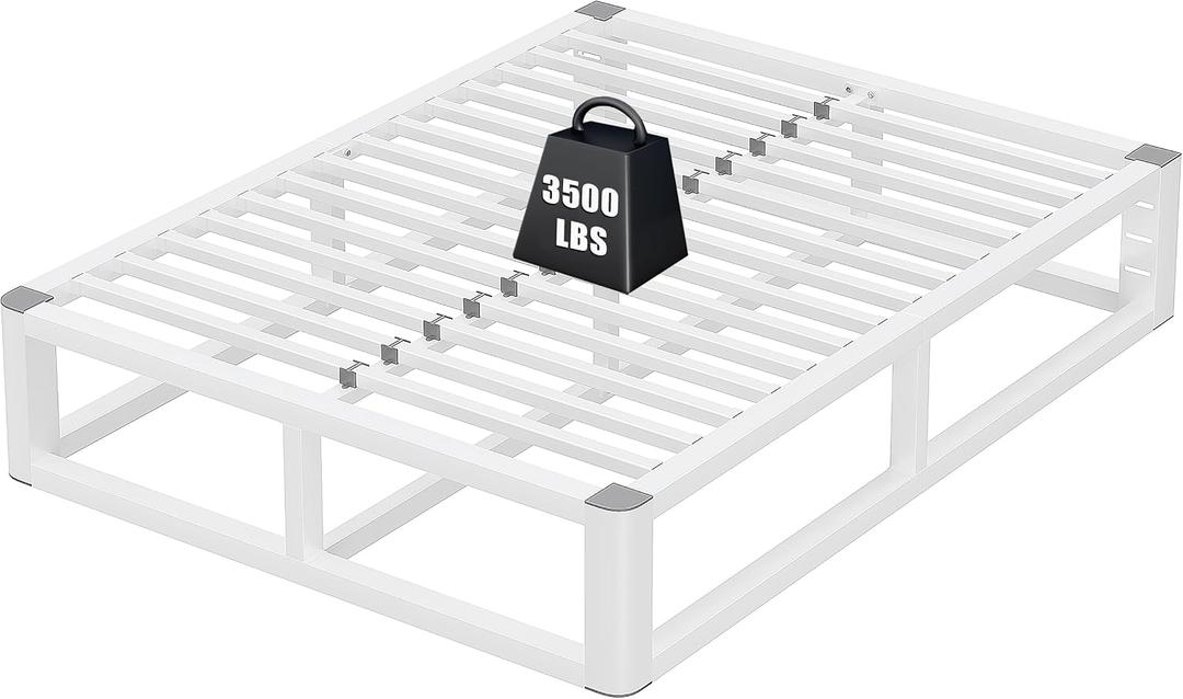 14 Inch Queen Bed Frame with Rounded Corner and Headboard Hole, Metal Platform Bed Frames 6 Non-Slip Guards, 3500lbs Heavy Duty Steel Slat Support, Squeak Free, No Box Spring Needed, White