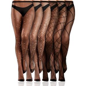 Ramede 6 Pairs Rhinestone Fishnet Stockings for Women Thigh High Waist Sparkly Tights Mesh Glitter Pantyhose for Halloween (Medium, Rhinestone Black)