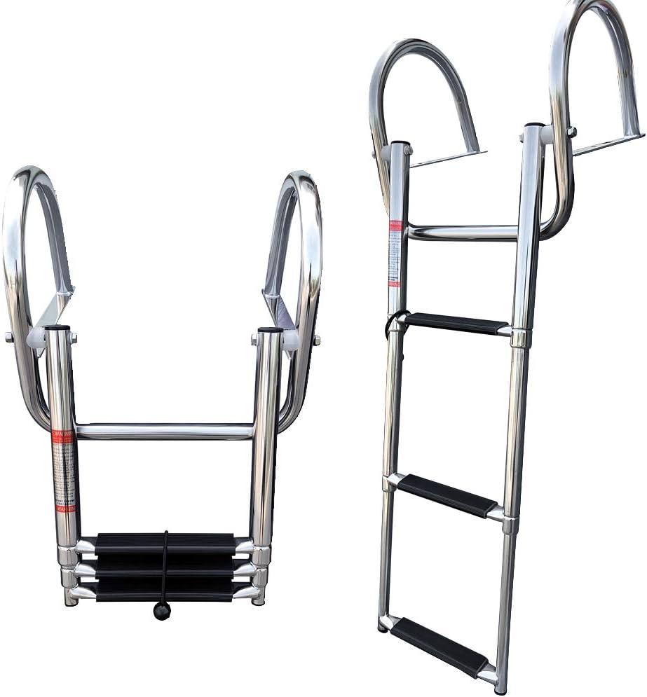 Pontoon Boat Ladder, Stainless Steel 3 Step Telescoping Boat Boarding Ladder with Wide Steps, Folding Boat Swim Ladder,Dock Ladder with Hand Railings Heavy Duty (Silver)