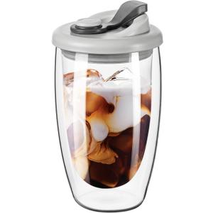 Double Wall Glass Coffee Mug, Glass Coffee Cup with Silicone Lid 15 OZ, Insulated Coffee Mug for Milk, High Borosilicate Glass Double Walled Cup for Travel & Home(Grey)