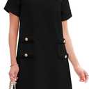 Wenrine Women's Tweed Mini Dress Short Sleeve Crew Neck Work Office Elagant Formal Summer A Line Dresses (Large, Black)