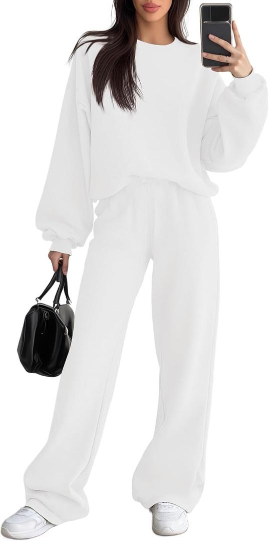 Women's 2 Piece Outfits Set Fleece Lined Lounge Sweatsuit Crewneck Pullover Top Wide Leg Pants Casual Tracksuit (X-Large, White)