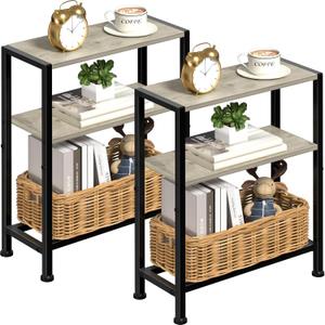 Narrow Side Table Set of 2 for Small Space, 2-Tier Small End Table with Shelf Holder, Slim Nightstand, Skinny Snack Couch Table in Living Room, Bedroom, Study, Kitchen and Balcony (Greige)