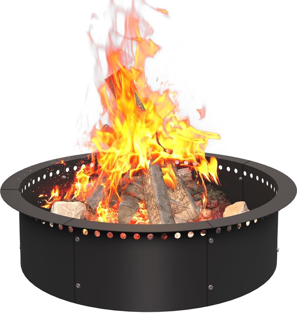 28 Inch Smokeless Fire Pit Ring Insert Outdoor, Heavy Duty Metal Steel DIY Firepit Rim Liner Round Campfire Rings for Outside Wood Burning Above or In-Ground, Black