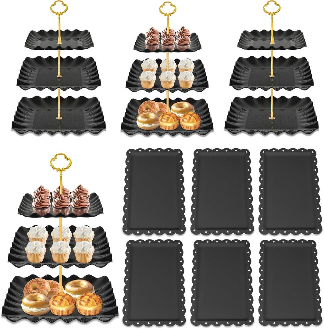 10 Pack Dessert Table Display Set - 4 x Three-Tier Square Cupcake Stands and 6 x Serving Trays, Elegant Tableware for Cakes, Cupcakes, Pastries, and Snacks, Perfect for Parties (Black)