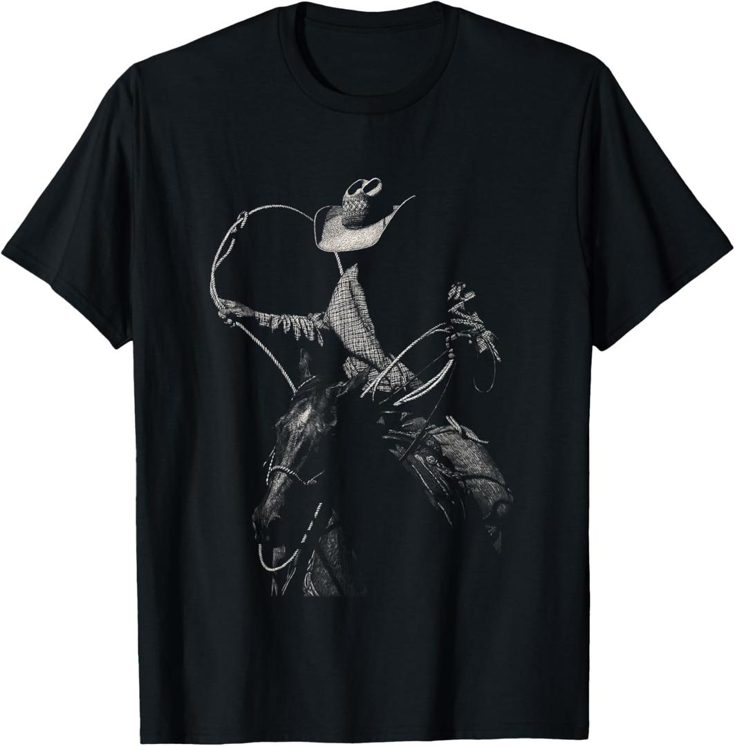Rodeo Cowboy Dark Western Horse Art T-Shirt (Small, Black)