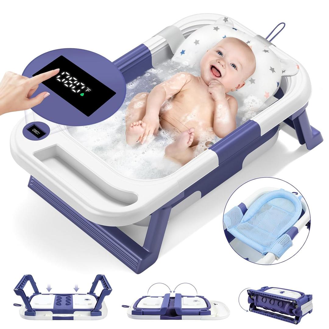 Blue Collapsible Baby Bathtub, Baby Bath Tub for Infants to Toddler, with Thermometer & Soft Floating Cushion & Bath Net, No-Slip Hanging Portable Bathtub