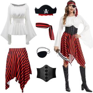Pirate Costume Women Renaissance Shirt Dress with Head Scarf Halloween Pirate Queen Outfit (Medium, White)