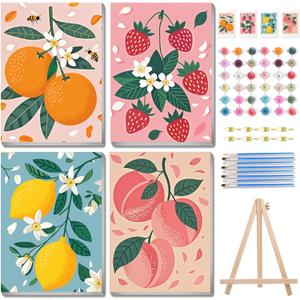 xcemhil 4 Pack Paint by Numbers for Adults with Wooden Framed, Adult Paint by Numbers Kit Fruit, Paint by Number Kits for Adults for Beginner with Wooden Easel for Gift Home Wall Decor 8x12 Inch