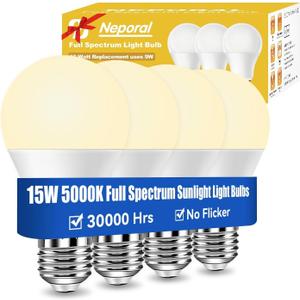 Neporal 15W Full Spectrum Light Bulb, 2700K Warm UV-Free Natural Sunlight Bulbs, 15W 100W Equivalent LED Light Bulb, CRI 90+, No Flicker, 1200Lumen Daylight Sun Light for HumansHome & Office,4PK (2700k Soft White)