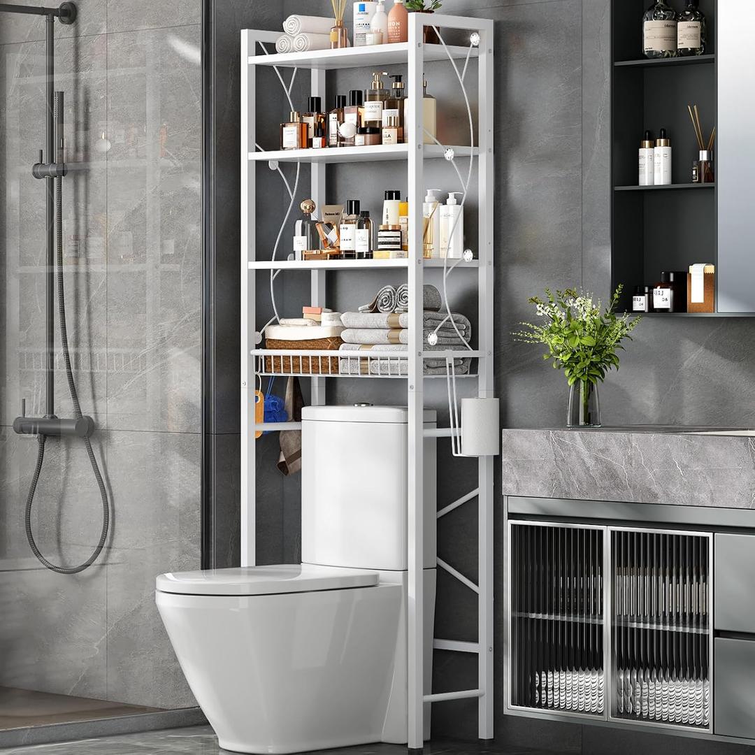 Salakita Over-The-Toilet Storage Rack, 4-Tier Bathroom Organizer Shelf Over Toilet with Adjustable Shelf and Basket, Freestanding Space Saver Bathroom Shelves Above Toilet for Room (Pure White)
