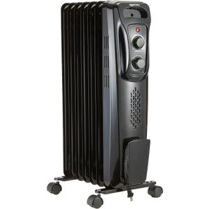 Amazon Basics Oil Heater, Radiator Heater for Indoor Use, With Over-Heat Protection, 7 Oil-Filled Steel Fins, 3 Heat Settings, ETL-certified Safety, 1500W, Black, 11"D x 14.8"W x 25.2"H