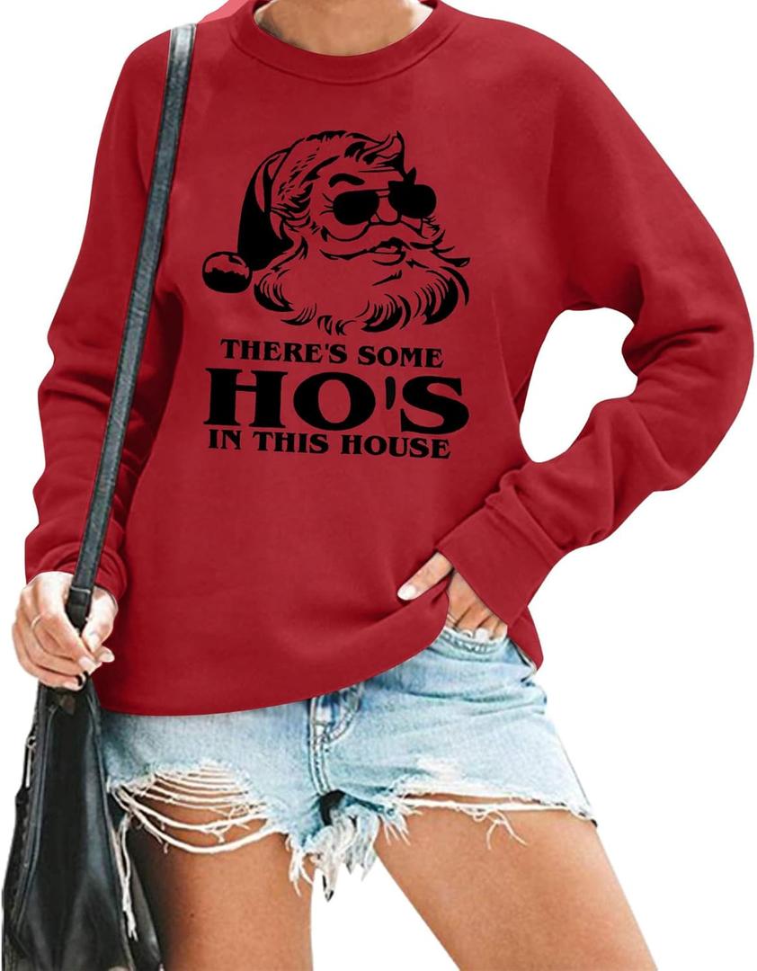 BANGELY Womens Christmas HoHo Sweatshirt Ugly Santa Hohos Long Sleeve Shirts Funny Santa Graphic Tee Casual Pullover Top (Red)
