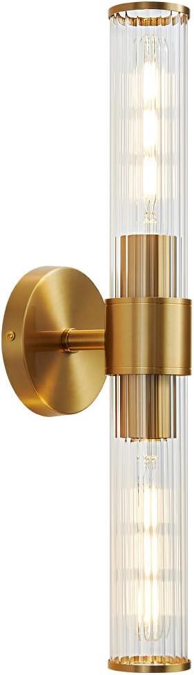 Bathroom Light Fixtures, Gold Wall Sconce in Threaded Glass Indoor Wall Sconces, Modern Bathroom Vanity Light Up and Down Sconces Wall Lighting for Living Room, Hallway - Bulb Not Included