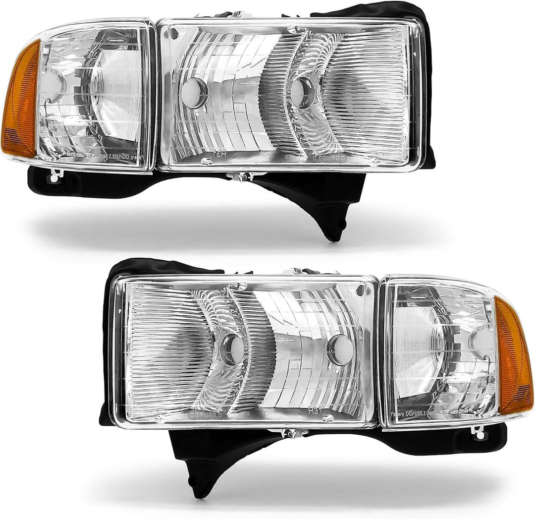 Headlights Assembly for 1999-2001 Dodge Ram 1500/1999-2002 Ram 2500 with Corner Parking Turn Signal Marker Lights Chrome Housing Amber Reflector Replacement Pair