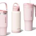 CAROTE 3-Pack Insulated Stainless Steel Water Bottles, Cup Holder Compatible for Travel, Upgraded Leak Proof, 32/32/40 oz Built-In Straw Tumblers Set for Daily Use/Outdoor (Peach)