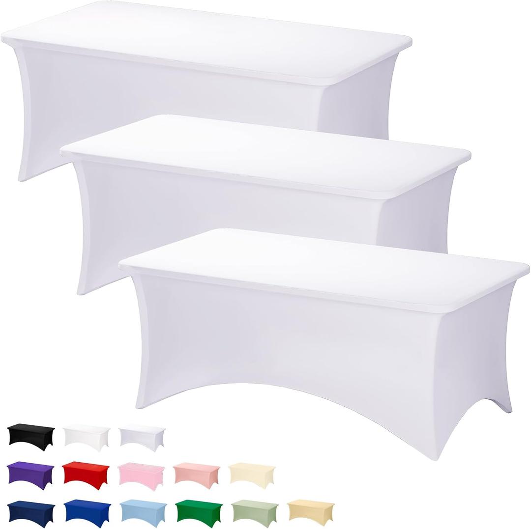 Fixwal 3 Pack White Table Cloths Rectangle 6FT, Tablecloths Rectangular Stretch Spandex Fitted Table Covers 6FT for Party, Trade Show, Banquet, Wedding, Buffet, Graduation Decoration