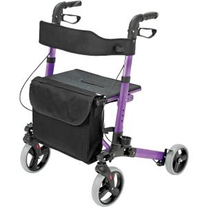 HealthSmart Walker Rollator with Seat and Backrest, FSA HSA Eligible, Adjustable Handle Height, Storage Bag and a Durable Lightweight Frame That Easily Folds While Supporting up to 300 pounds (Purple)