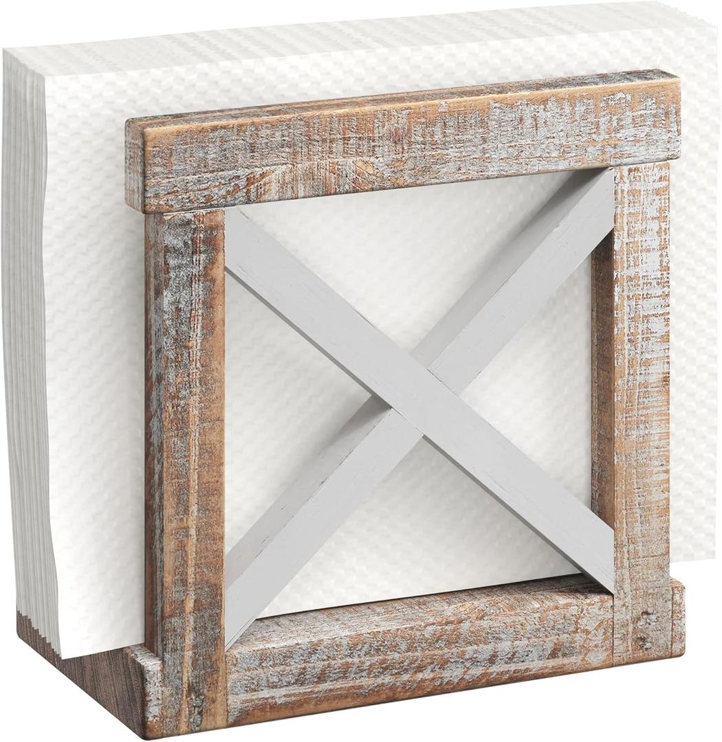 Barnyard Designs Farmhouse Napkin Holder for Table - Vintage Rustic Distressed Wooden Napkin Holder Dispenser for Kitchen, 5.5" x 5.5" (White/Brown)