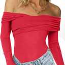 CSDAJIO Off The Shoulder Tops for Women Long Sleeve Ribbed Top Cross Wrap Going Out Shirt Fitted Tee (Red, S)