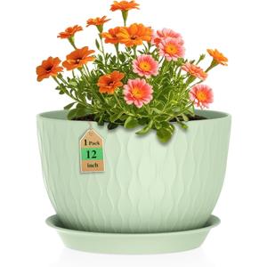 WSMKSZ 12 Inch Large Plant Pots for Indoor or Outdoor Plants, Wide Water Ripples Flower Pots with Drainage Holes & Saucer, Plastic Planters Set for Garden & Home Decor (Green)