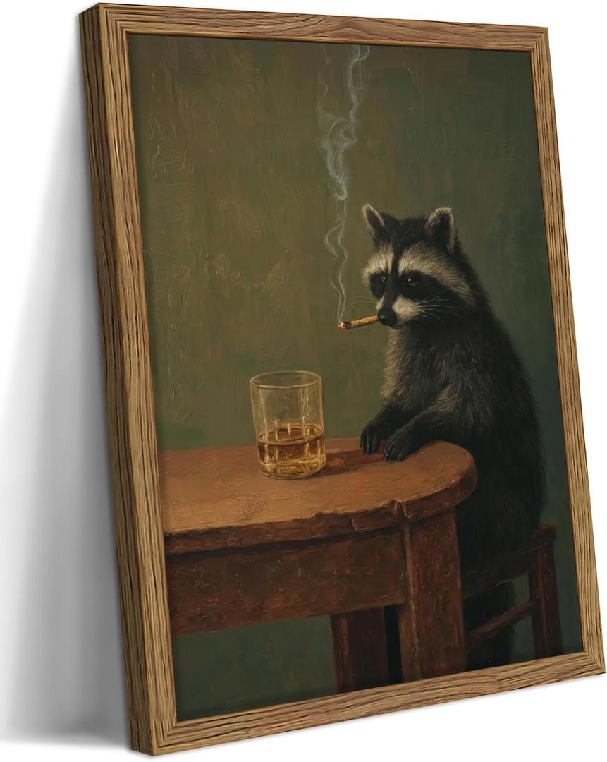 Framed Vintage Raccoon Wall Art, Moody Raccoon Canvas Prints, Funny Dark Academia Animal Poster, Classic Oil Painting Style Artwork, Whimsical Wall Decor for Living Room Bedroom Office 24x36in