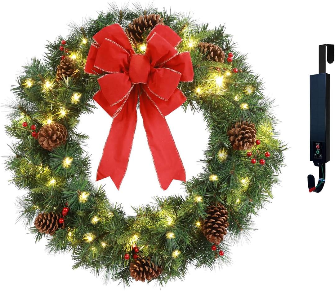 Solar Christmas Wreath Pre-Lit Solar 70 Led Artificial Wreath Outdoor Front Door Window Christmas Decorations with Frosted Branches Pine Cones Berry Clusters Red Velvet Bows 30 Inch