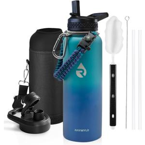 RAYMYLO Insulated Water Bottle 40 oz, Triple Wall Vacuum Stainless Steel (Cold for 36Hrs, Hot for 18Hrs), Leak Proof & Non-BPA, Modern Water Flask Jug with Paracord Handle & Straw Spout Lids (Cyan Blue)