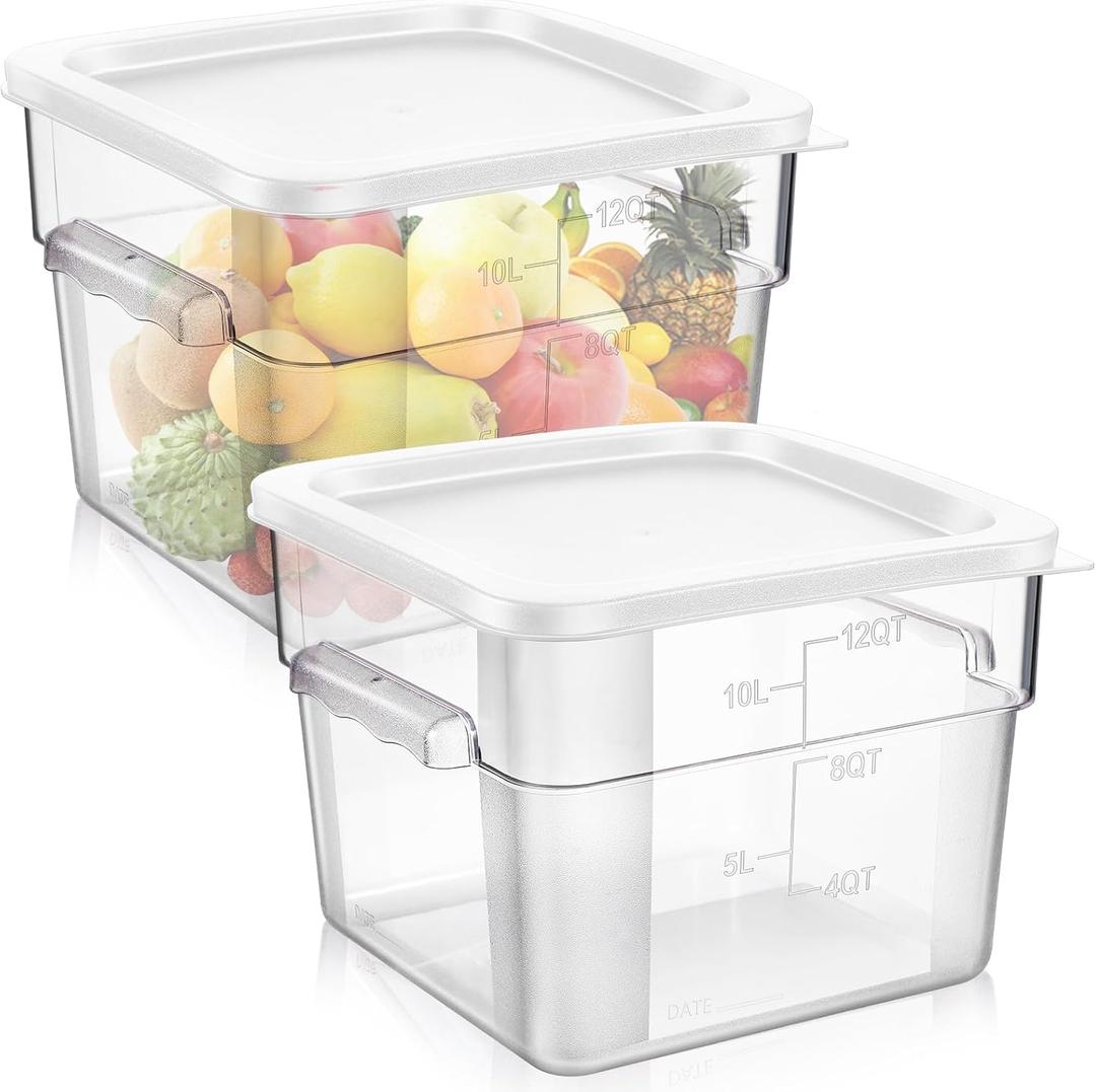 2 Pieces Square Food Storage Containers Polycarbonate Clear food Container with Lid Commercial Storage with Graduations for Commercial Kitchen Dough Marinating Meat(White,12 Qt)