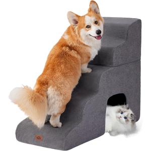 Gray Curved Dog Stairs Ramp for High Beds 28.7" H, 5-Step Dog Steps for Small Dogs and Cats, Pet Stairs for High Bed Climbing, Non-Slip Balanced Pet Step