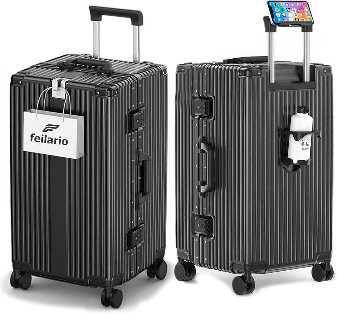 feilario 30in Super Large Captain Aluminum Frame Hardside Spinner Wheels Luggage, Removable Wheels Zipperless Checked Suitcase with Cup Holder/Phone Holder (A-Jet Black)