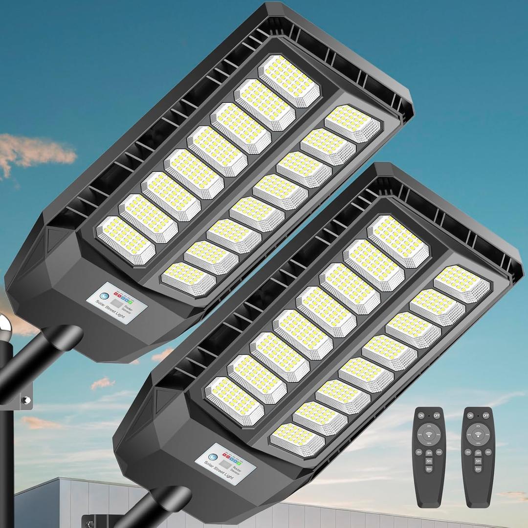 8000W Solar Lights Outdoor, 6500K Flood Lights Outdoor, IP66 Waterproof Solar Street Lights with Motion Sensor and Remote Control for Dusk-to-Dawn Illumination for Outside, Yard, 2 Pack