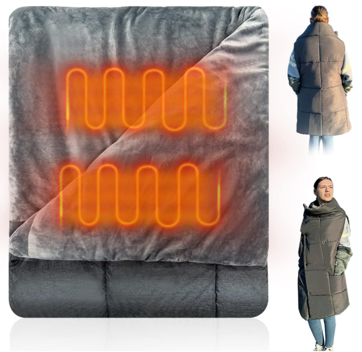 Portable USB Heated Blanket, 3 Heat Settings Wearable Heated Blanket Throw 3 Hrs Auto Off, Overheat Protection Soft USB Heating Blanket Wrap Machine Washable, Grey (Power Supply Not Included)