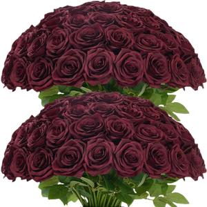 100pcs Burgundy Roses Artificial Flowers, Wine Red Artificial Flowers Bulk Realistic Silk Faux Roses with Stems for Wedding Table Centerpieces Bridal Bouquet DIY Floral Arrangement Event Party