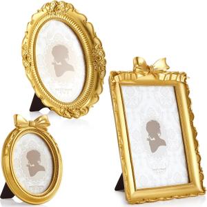 Vicenpal 3 Pcs Tiny Small Picture Frames Vintage Oval Resin Gold Black Vintage Baroque Ornate Antique Picture Frames for Home Wedding Display(3 Sizes,Gold)
