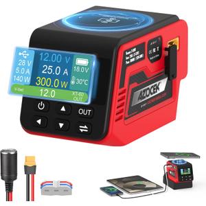 Azocek 300W Adjustable Voltage Regulator Compatible with Milwaukee 18V Battery (Battery Not Included), 230V DC Output, Up to 25A, 140W Type-C PD Fast Charging, 15W Wireless Charger, 1.9" LCD Display