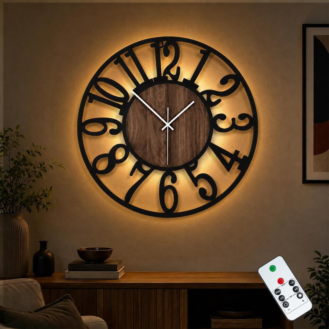 24" Silent Wall Clock – Adjustable Night Light, Battery Operated