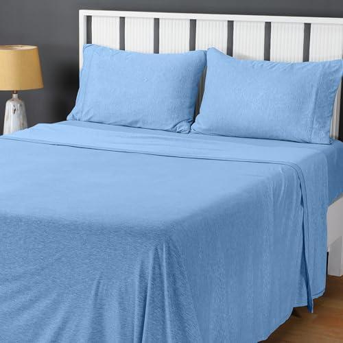 Utopia Bedding Queen Sheet Set - Jersey Knit Sheets 4 Piece – Cotton – Soft T-Shirt Stretchy Sheets (Heather Sky Blue)
