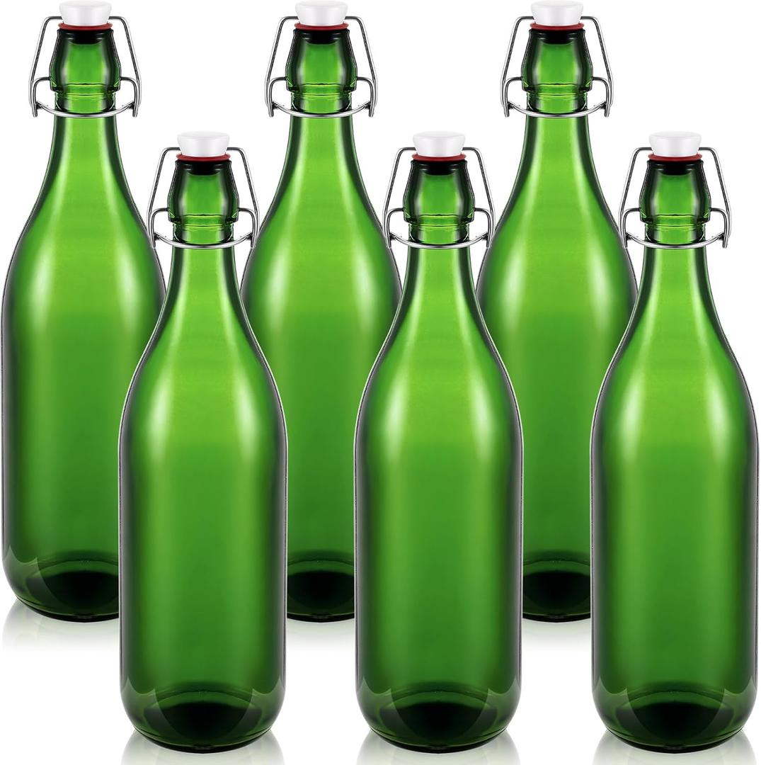 Teenyyou 6 Pcs Green Glass Bottles 1 L/ 33.75 oz Decorative Wine Bottles Flip Top Glass Water Bottle with Airtight Lid for Home Decor Garden Tree Yard Outdoor Decorations