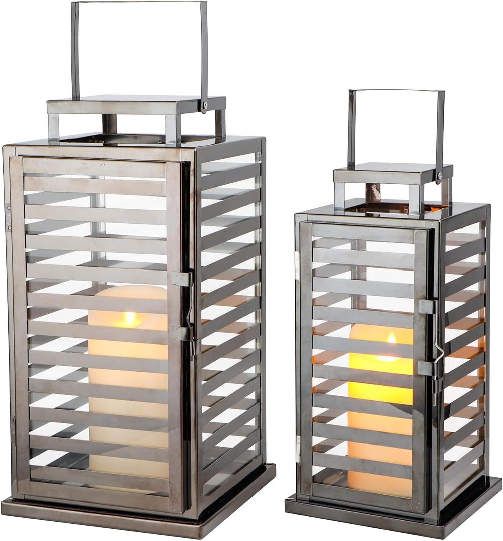TRIROCKS Set of 2 Stainless Steel Lantern 15 &12" H Decorative Candle Lanterns with Tempered Glass Panels Indoor & Outdoor Candle Holder for Living Room Weeding Parties Events - Nickel Black Finish