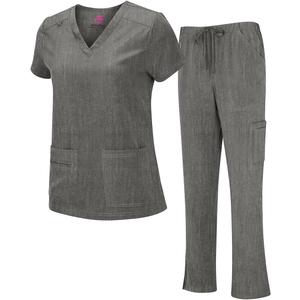 Natural Uniforms Women's Cool Stretch V-Neck Top and Cargo Pant Scrub Set with Regular and Petite Sizes (Heather Grey)