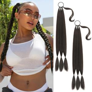 2PCS Braided Ponytail Extension with Hair Tie Black Brown DIY Wrap Around Synthetic Hairpiece Natural Soft Fluffy Style for Women's Daily Wear 26 Inches