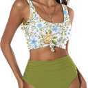 ZAFUL Women's High Waisted Tankini Swimsuit Scoop Neck Ruched Bikini Set Sporty 2 Piece Bathing Suit (Green Onion, S)