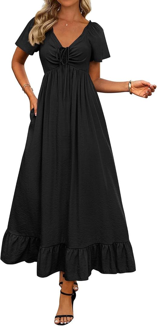 BTFBM Womens Summer Dresses 2026 Casual Short Sleeve V Neck Drawstring Wedding Guest Maxi Dresses Boho Beach Long Dress, Large
