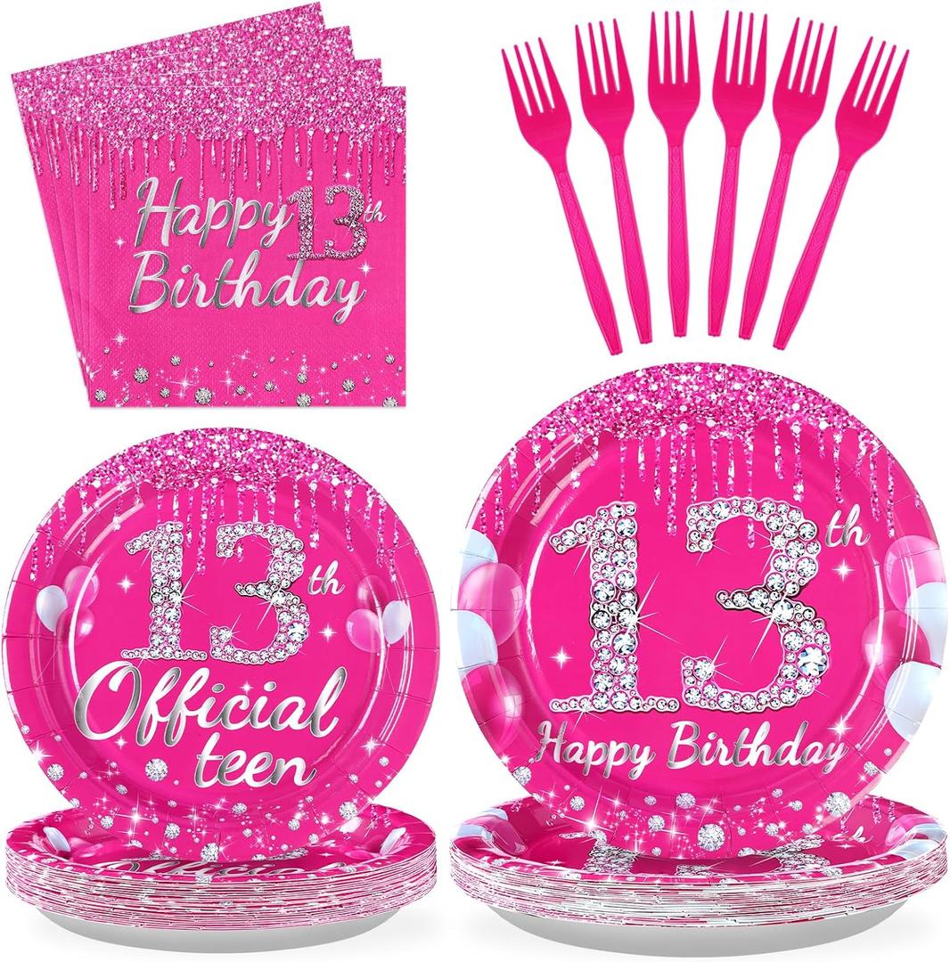 96 Pcs 13th Birthday Party Supplies Disposable Hot Pink 13 Years Old Birthday Plates and Napkins Tableware Set 13th Birthday Decorations for Girls Official Teen Happy 13th Birthday Party Serves 24