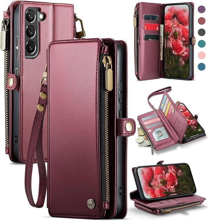 Defencase Compatible with Galaxy S21 FE 5G Case Wallet with RFID Blocking Card Holder for Women Men, PU Leather Magnetic Snap Flip Zipper Strap Phone Case Fit for Samsung Galaxy S21 FE 5G, Wine Red