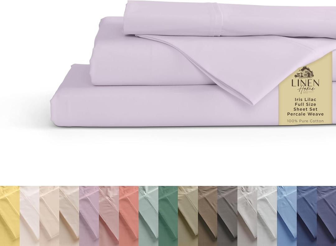 Linen Home 100% Cotton Percale Sheets Queen Size, Iris Lilac, Deep Pocket, 4 Pieces Set - 1 Flat, 1 Deep Pocket Fitted Sheet and 2 Pillowcases, Crisp Cool and Strong Bed Linen