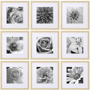 eletecpro 12x12 Picture Frames Set of 9 with Clear Acrylic Cover, Display 8x8 Photos with Mat or 12x12 Without, Classic and Sturdy Square Collage Gallery Wall Decor, Easy Wall Mount, Natural
