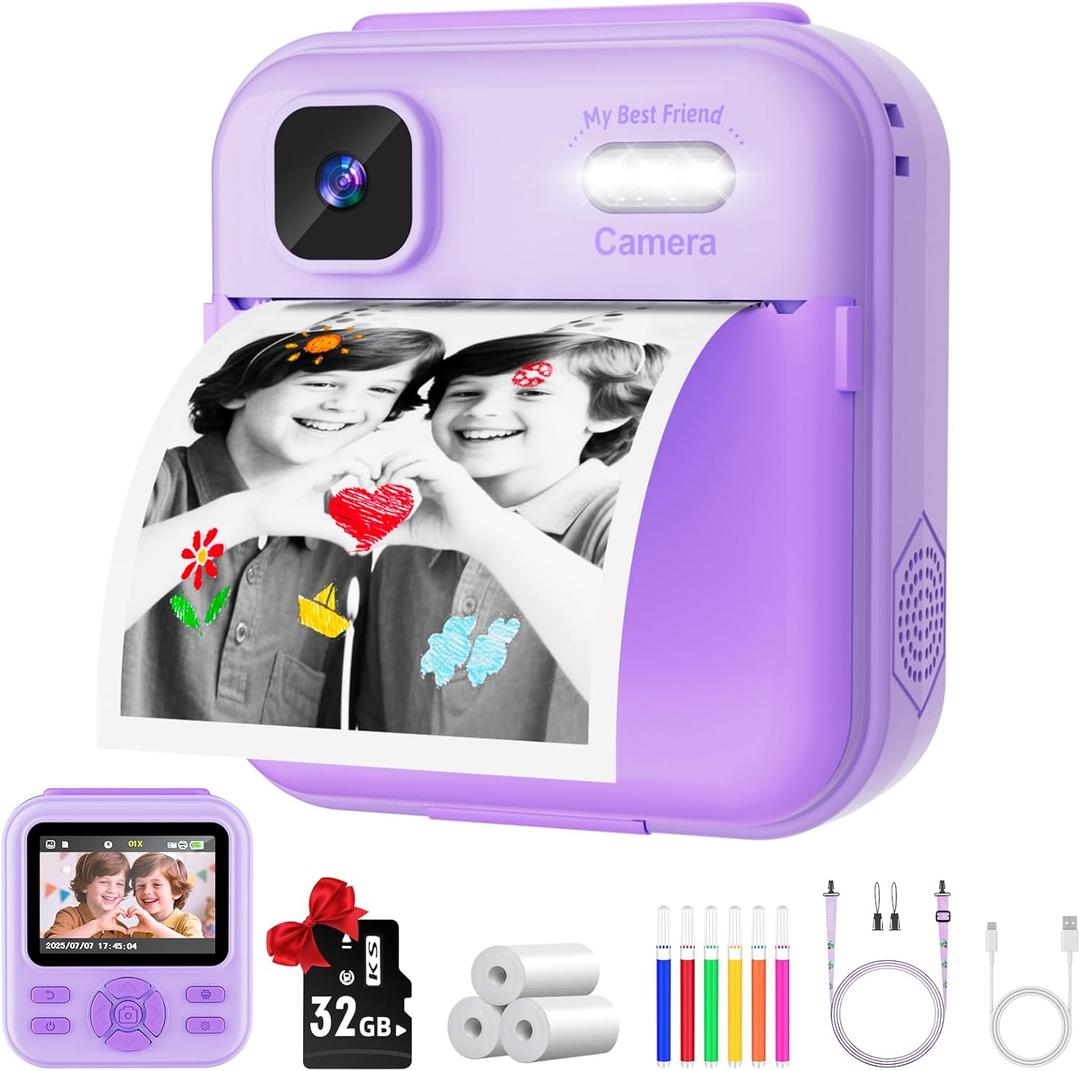 Kids Camera Instant Print for Boys and Girls, 48MP HD Cameras w/1080P Video, Print Paper, 32GB Card, Brush, Christmas Birthday Gifts Toys for Toddler and Teenagers Age 3-16 Years Old (Purple)