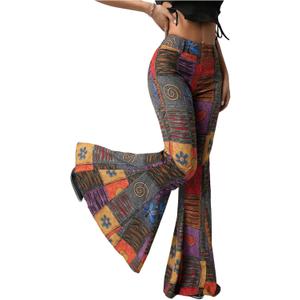 SOLY HUX Women's Retro Bell Bottom Pants High Waisted Printed Skinny Flare Leg Trousers (Medium, Multicolor)